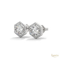 0.22 ct. hexagon halo stud earrings featuring round lab-grown diamonds set in polished 14K gold and platinum.