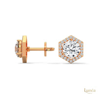 0.22ct lab-grown diamond stud earrings in 14K rose gold with a geometric hexagon halo design.