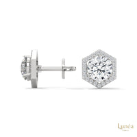 0.22 CT. lab-grown diamond stud earrings in 14K white gold with a geometric hexagon halo pavé setting.
