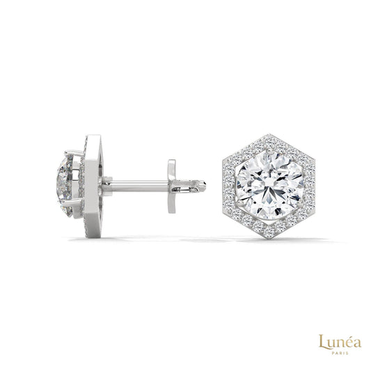 0.22 CT. lab-grown diamond stud earrings in 14K white gold with a geometric hexagon halo pavé setting.