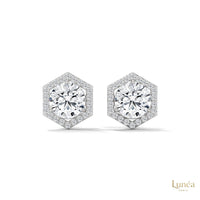 0.22 ct. hexagon halo stud earrings featuring a round lab-grown diamond set in polished 14K gold with pavé accents.