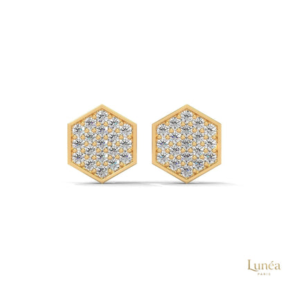 Hexagon-shaped 14K yellow gold stud earrings featuring a pavé-set lab-grown diamond honeycomb design.