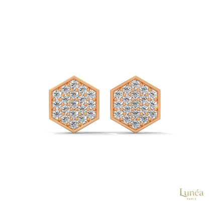 Hexagon stud earrings in 14K rose gold featuring a pavé-set lab-grown diamond honeycomb design.