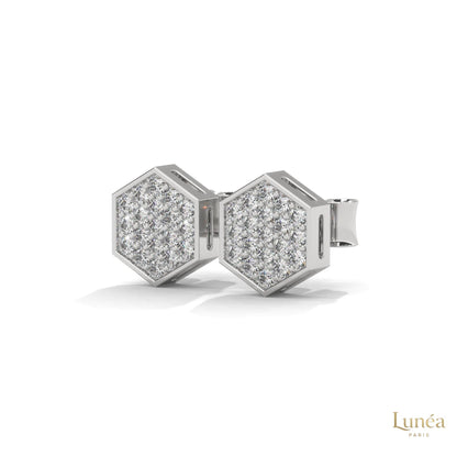Hexagon stud earrings in 14K gold featuring pavé-set lab-grown diamonds in a geometric honeycomb design.