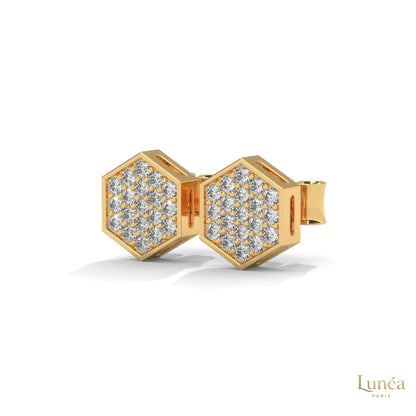 Hexagon stud earrings in 14K gold featuring a pavé-set lab-grown diamond honeycomb design.
