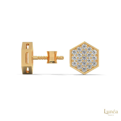 Hexagon-shaped stud earrings in 14K gold featuring pavé-set lab-grown diamonds in a modern geometric honeycomb design.
