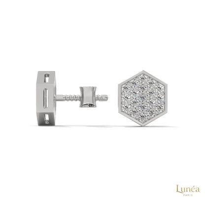 Hexagon stud earrings in 14K gold featuring a pavé-set honeycomb pattern of brilliant lab-grown diamonds.