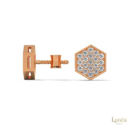 Hexagon stud earrings in 14K gold featuring a pavé-set lab-grown diamond honeycomb design.