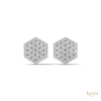 Hexagon stud earrings in 14K white gold featuring a pavé-set lab-grown diamond honeycomb design.