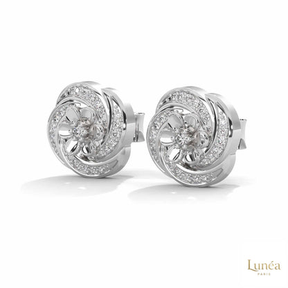 0.40 CT floral cluster diamond stud earrings in polished platinum with round brilliant lab-grown diamonds.