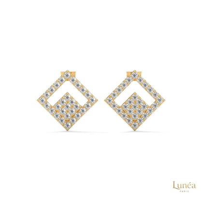 Handcrafted 14K gold geometric stud earrings featuring pavé-set lab-grown diamonds in a modern square silhouette.