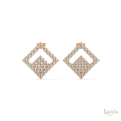 Handcrafted geometric stud earrings featuring pavé-set lab-grown diamonds in polished 14K gold with a modern square silhouette.