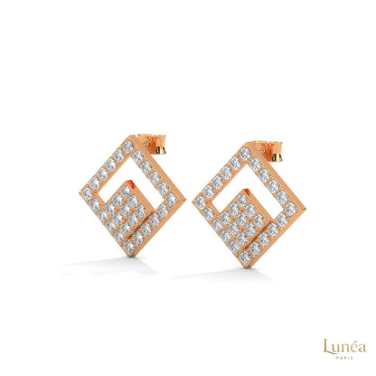 Handcrafted 14K gold geometric stud earrings featuring pavé-set lab-grown diamonds in a modern square silhouette.