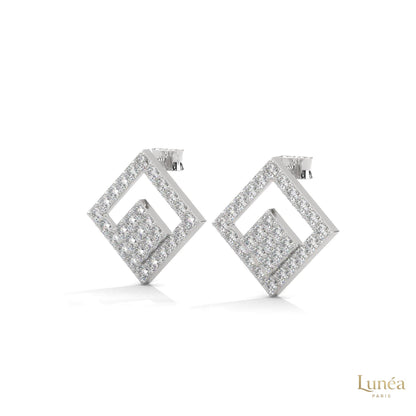 Handcrafted geometric stud earrings featuring pavé-set lab-grown diamonds in polished 14K gold with a modern square silhouette.