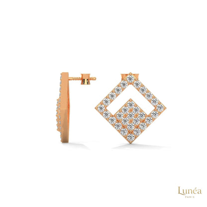 0.50 CT lab-grown diamond geometric stud earrings in 14K rose gold with a modern pavé-set square silhouette.
