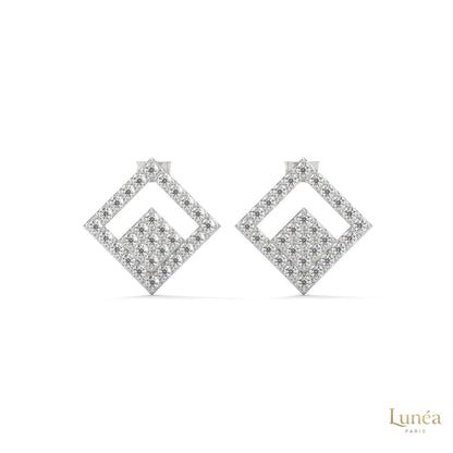 Handcrafted 0.50 CT lab-grown diamond geometric stud earrings in 14K gold with a modern pavé-set square silhouette.