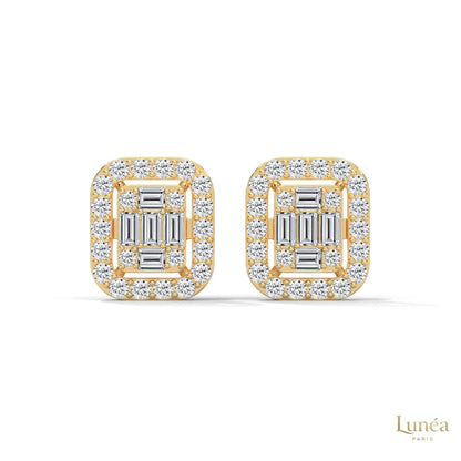 0.60 CT baguette lab-grown diamond halo stud earrings crafted in polished 14K gold with a vintage-inspired cluster design.