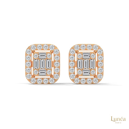 0.60 CT baguette lab-grown diamond halo stud earrings in polished 14K gold with a vintage-inspired cluster design.