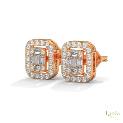14K gold halo stud earrings featuring a central baguette-cut lab-grown diamond cluster in a radiant, vintage-inspired setting.