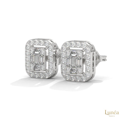 0.60 CT baguette lab-grown diamond halo stud earrings in polished 14K gold with a vintage-inspired cluster design.
