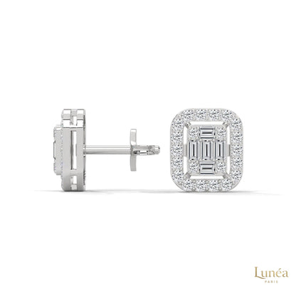 0.60 CT. baguette lab-grown diamond halo stud earrings crafted in polished 14K white gold.
