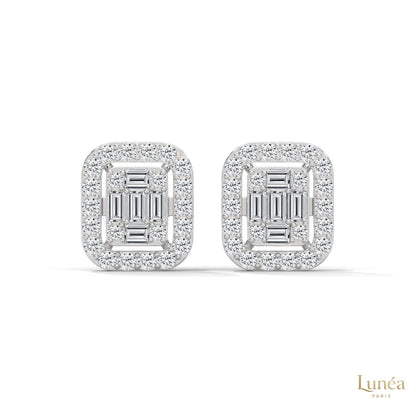 0.60 CT baguette lab-grown diamond halo stud earrings in polished 14K gold with a radiant, vintage-inspired cluster design.