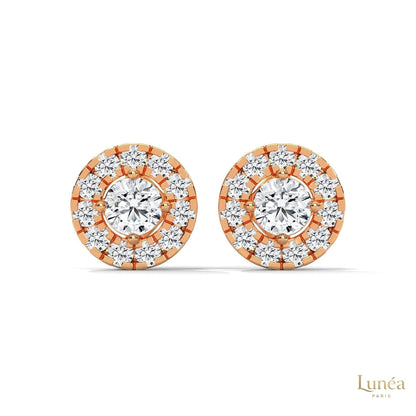 0.90 CT lab-grown diamond stud earrings in a double halo design, available in 14K gold or platinum.