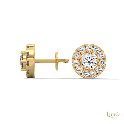 0.90 CT round brilliant lab-grown diamond stud earrings in a double halo setting crafted in polished 14K gold.