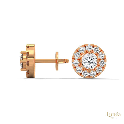 0.90 CT. round brilliant lab-grown diamond stud earrings in 14K rose gold with a double halo setting.