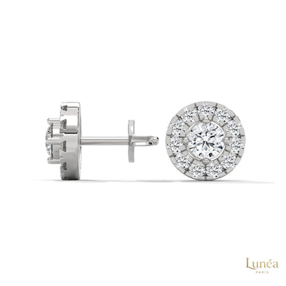 0.90 CT lab-grown diamond stud earrings in 14K white gold with a radiant double halo design.