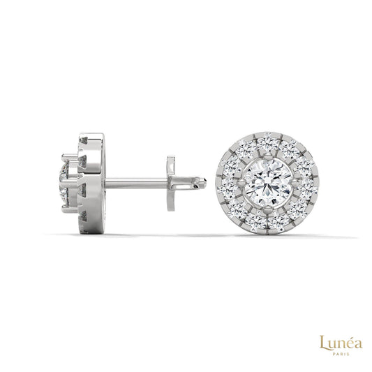 0.90 CT lab-grown diamond stud earrings in 14K white gold with a radiant double halo design.