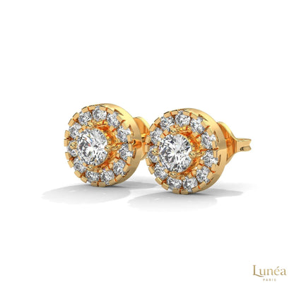 0.90 CT lab-grown diamond stud earrings in a double halo design, available in 14K gold or platinum.