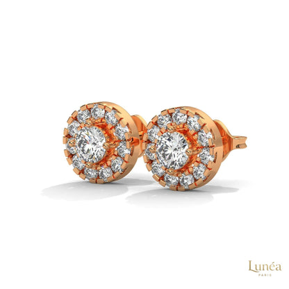 0.90 CT lab-grown diamond stud earrings in a double halo design, available in 14K gold or platinum.