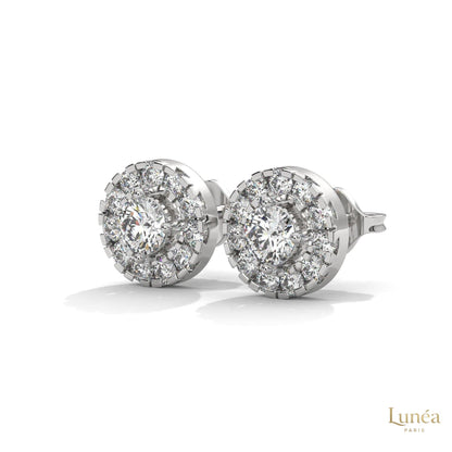 0.90 CT lab-grown round diamond stud earrings in a double halo setting, available in 14K gold or platinum.