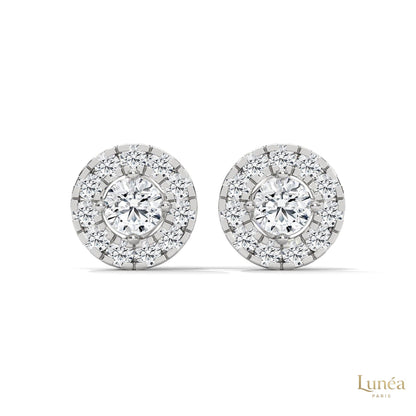 0.90 CT lab-grown diamond stud earrings in a double halo design, available in 14K gold or platinum.