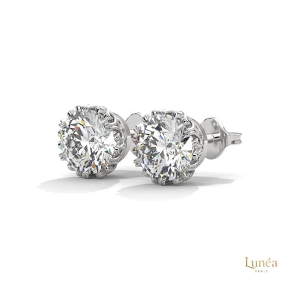 Floral-inspired lab-grown diamond stud earrings in 14K white gold with intricate filigree detailing.