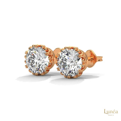 Floral-inspired 0.90 CT lab-grown diamond stud earrings in 14K white gold with intricate filigree detailing.