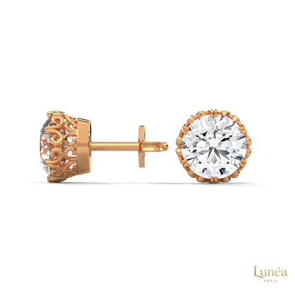 Floral-inspired lab-grown diamond stud earrings in 14K rose gold with intricate filigree undergallery and round brilliant stones.