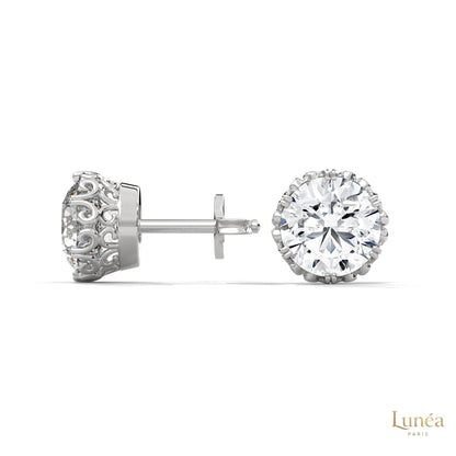 0.90 ct. floral lab-grown diamond stud earrings in 14K white gold with intricate filigree undergallery.