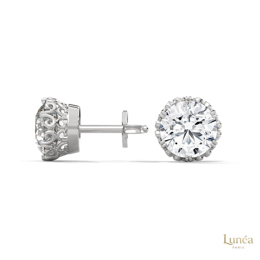 0.90 ct. floral lab-grown diamond stud earrings in 14K white gold with intricate filigree undergallery.