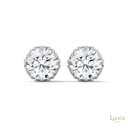 Floral-inspired lab-grown diamond stud earrings in 14K white gold with intricate filigree detailing.