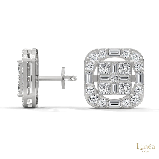 14K white gold square stud earrings featuring a radiant combination of baguette and round-cut lab-grown diamonds.