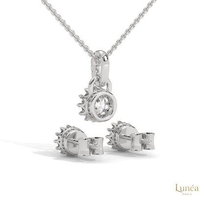 14K white gold crown pendant and stud earring set featuring brilliant round lab-grown diamonds with secure screw backs.