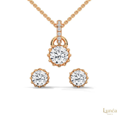14K rose gold crown earring and pendant set featuring round brilliant lab-grown diamonds with regal prong settings.