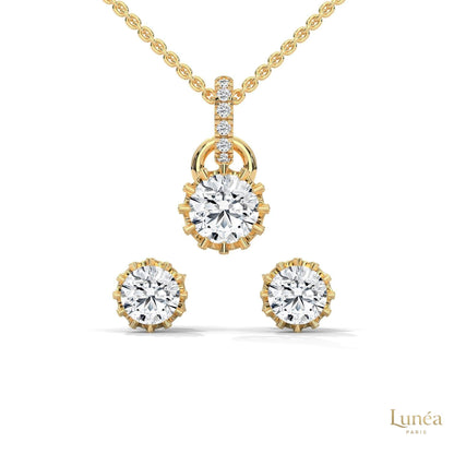 14K yellow gold crown pendant and stud earring set featuring brilliant round-cut lab-grown diamonds.