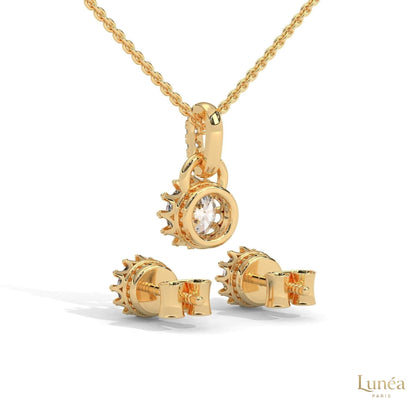 14K yellow gold crown diamond pendant and matching stud earring set with round brilliant lab-grown diamonds.