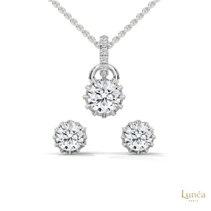 14K white gold crown pendant and stud earring set featuring brilliant round lab-grown diamonds.