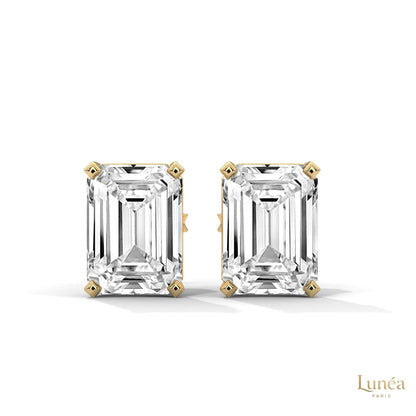 1-carat emerald-cut lab-grown diamond stud earrings set in polished 14K white gold.