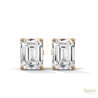1 carat emerald-cut lab-grown diamond stud earrings set in polished 14K white gold.