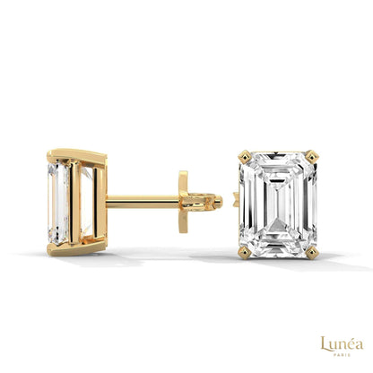 1 carat emerald-cut lab-grown diamond stud earrings set in polished 14K white gold.